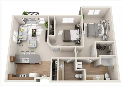 Floor plan for 2 beds, 1.5 baths, 1001 sqft